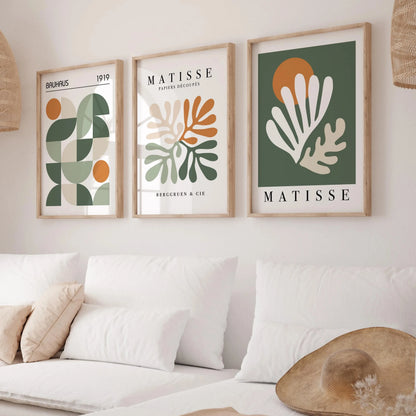 Set of 3 Abstract Autumn Wall Art Prints – Sage Green & Orange