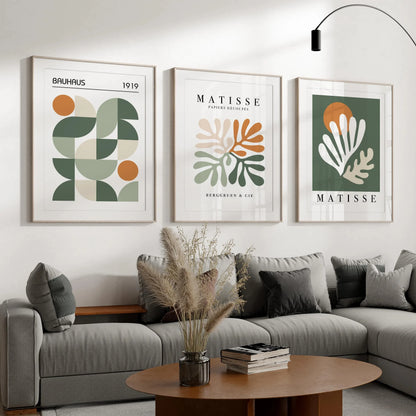 Set of 3 Abstract Autumn Wall Art Prints – Sage Green & Orange