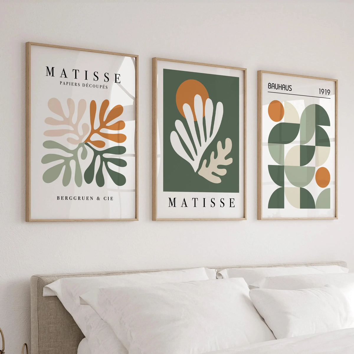 Set of 3 Abstract Autumn Wall Art Prints – Sage Green & Orange